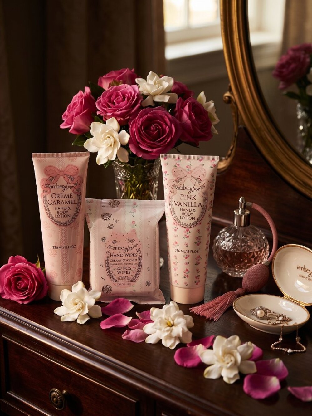 2 Luxurious 8oz Amberglow Hand & Body Lotions & 20pk Hand Wipes NWT - Picture 1 of 12